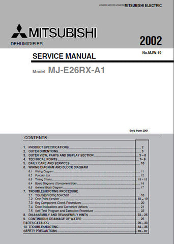 MITSUBISHI MJ-E26RX-A1 DEHUMIDIFIER SERVICE MANUAL INC COOLANT CIRC DIAG WIRING AND BLK DIAGS PCBS TRSHOOT GUIDE AND PARTS LIST 39 PAGES ENG