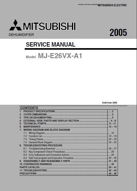 MITSUBISHI MJ-E26VX-A1 DEHUMIDIFIER SERVICE MANUAL INC COOLANT CIRC DIAG WIRING AND BLK DIAGS PCBS TRSHOOT GUIDE AND PARTS LIST 47 PAGES ENG