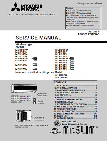 MITSUBISHI MSH MUH MXZ SERIES SPLIT TYPE HEAT PUMP AIR CONDITIONERS SERVICE MANUAL INC REFRIG SYTEM DIAG WIRING DIAG PCBS TRSHOOT GUIDE AND PARTS LIST 129 PAGES ENG