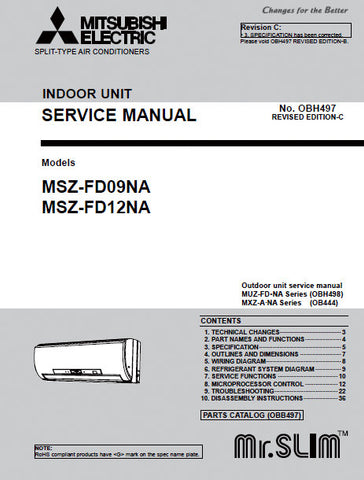 MITSUBISHI MSZ-FD09NA MSZ-FD12NA SPLIT TYPE AIR CONDITIONERS SERVICE MANUAL 40 PAGES ENG