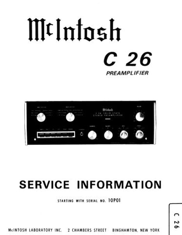 McINTOSH C26 STEREO PREAMPLIFIER SERVICE INFORMATION INC BLK DIAG PCBS SCHEM DIAG AND PARTS LIST 16 PAGES ENG