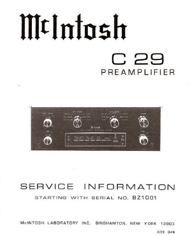 McINTOSH C29 STEREO PREAMPLIFIER SERVICE INFORMATION INC BLK DIAG PCBS SCHEM DIAGS AND PARTS LIST 26 PAGES ENG