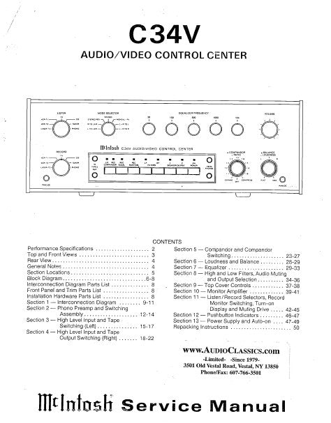 McINTOSH C34V AV CONTROL CENTER SERVICE MANUAL INC BLK DIAG PCBS SCHEM DIAGS AND PARTS LIST 31 PAGES ENG