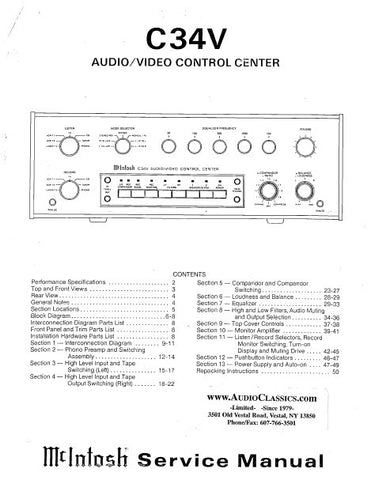 McINTOSH C34V AV CONTROL CENTER SERVICE MANUAL INC BLK DIAG PCBS SCHEM DIAGS AND PARTS LIST 31 PAGES ENG