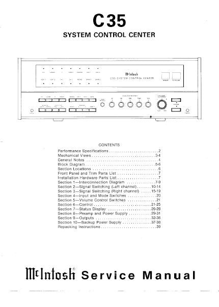 McINTOSH C35 SYSTEM CONTROL CENTER SERVICE MANUAL INC BLK DIAG PCBS SCHEM DIAGS AND PARTS LIST 40 PAGES ENG