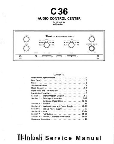 McINTOSH C36 AUDIO CONTROL CENTER SERVICE MANUAL INC BLK DIAG PCBS SCHEM DIAGS AND PARTS LIST 27 PAGES ENG