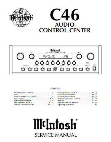 McINTOSH C46 AUDIO CONTROL CENTER SERVICE MANUAL INC BLK DIAG PCBS SCHEM DIAGS AND PARTS LIST 46 PAGES ENG