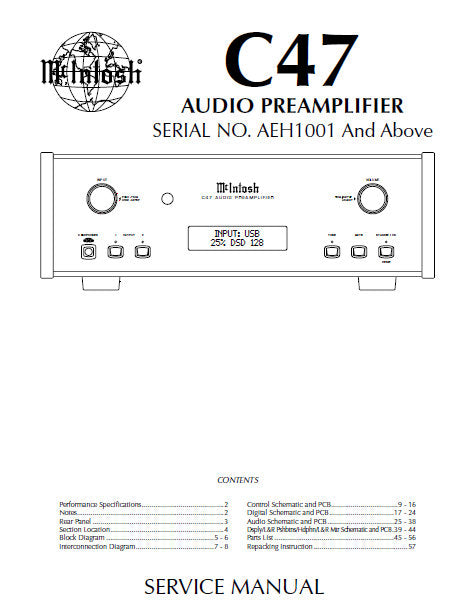 McINTOSH C47 AUDIO PREAMPLIFIER SERVICE MANUAL INC BLK DIAG PCBS SCHEM DIAGS AND PARTS LIST 57 PAGES ENG