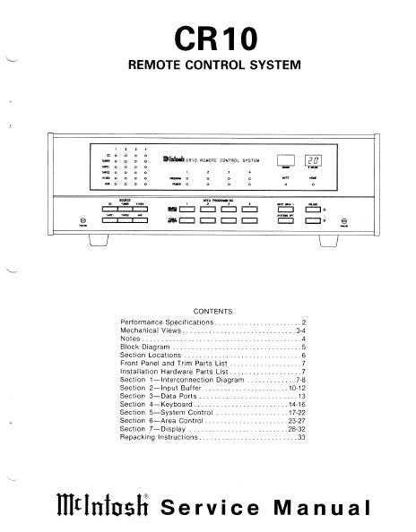 McINTOSH CR10 REMOTE CONTROL SYSTEM SERVICE MANUAL INC BLK DIAG PCBS SCHEM DIAGS AND PARTS LIST 38 PAGES ENG