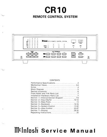 McINTOSH CR10 REMOTE CONTROL SYSTEM SERVICE MANUAL INC BLK DIAG PCBS SCHEM DIAGS AND PARTS LIST 38 PAGES ENG