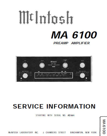 McINTOSH MA 6100 PREAMP AMPLIFIER SERVICE INFORMATION INC BLK DIAG PCBS SCHEM DIAGS AND PARTS LIST 12 PAGES ENG