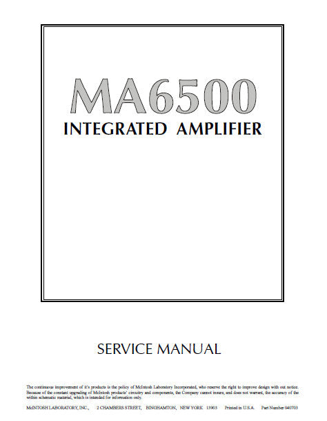 McINTOSH MA6500 INTEGRATED AMPLIFIER SERVICE MANUAL INC BLK DIAG PCBS SCHEM DIAGS AND PARTS LIST 34 PAGES ENG
