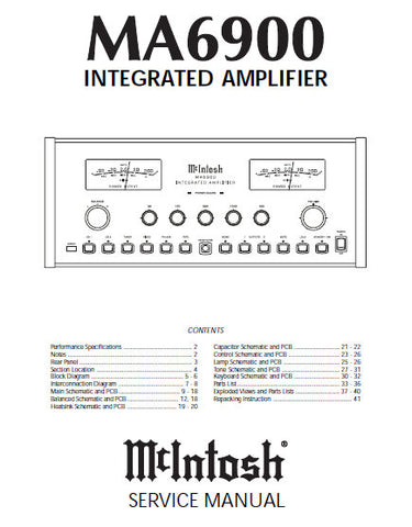 McINTOSH MA6900 INTEGRATED AMPLIFIER SERVICE MANUAL INC BLK DIAG PCBS SCHEM DIAGS AND PARTS LIST 42 PAGES ENG