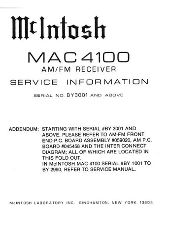 McINTOSH MAC4100 AM FM RECEIVER SERVICE INFORMATION INC BLK DIAG PCBS SCHEM DIAGS AND PARTS LIST 6 PAGES ENG