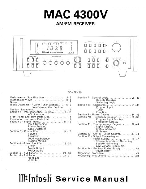 McINTOSH MAC4300V AM FM RECEIVER SERVICE MANUAL INC BLK DIAGS PCBS SCHEM DIAGS AND PARTS LIST 50 PAGES ENG