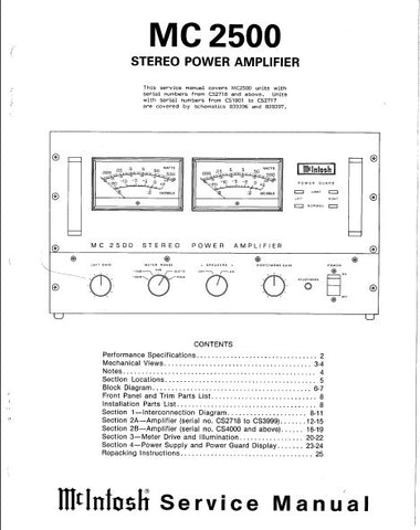 McINTOSH MC2500 STEREO POWER AMPLIFIER SERVICE MANUAL INC BLK DIAG PCBS SCHEM DIAGS AND PARTS LIST 20 PAGES ENG