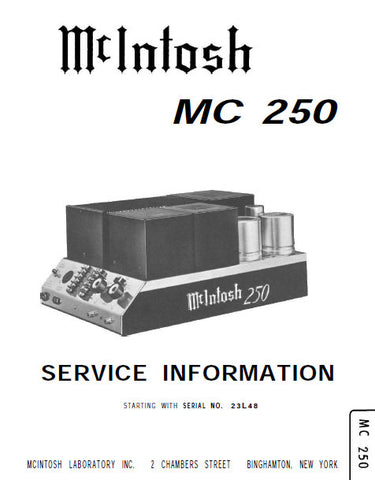 McINTOSH MC 250 POWER AMPLIFIER SERVICE INFORMATION INC BLK DIAG PCBS SCHEM DIAGS AND PARTS LIST 9 PAGES ENG
