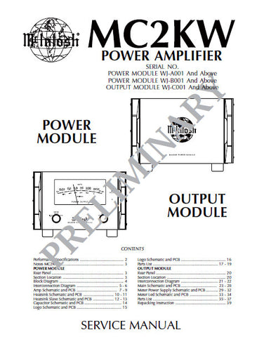 McINTOSH MC2KW POWER AMPLIFIER SERVICE MANUAL INC BLK DIAG PCBS SCHEM DIAGS AND PARTS LIST 40 PAGES ENG