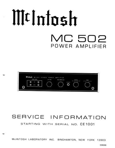 McINTOSH MC502 STEREO POWER AMPLIFIER SERVICE INFORMATION INC BLK DIAG PCBS SCHEM DIAGS AND PARTS LIST 22 PAGES ENG