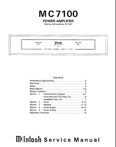McINTOSH MC7100 STEREO POWER AMPLIFIER SERVICE MANUAL INC BLK DIAG PCBS SCHEM DIAGS AND PARTS LIST 16 PAGES ENG