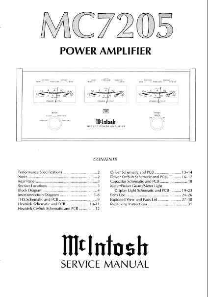 McINTOSH MC7205 POWER AMPLIFIER SERVICE MANUAL INC BLK DIAG PCBS SCHEM DIAGS AND PARTS LIST 33 PAGES ENG