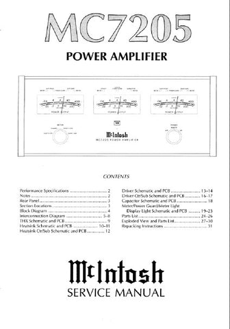 McINTOSH MC7205 POWER AMPLIFIER SERVICE MANUAL INC BLK DIAG PCBS SCHEM DIAGS AND PARTS LIST 33 PAGES ENG