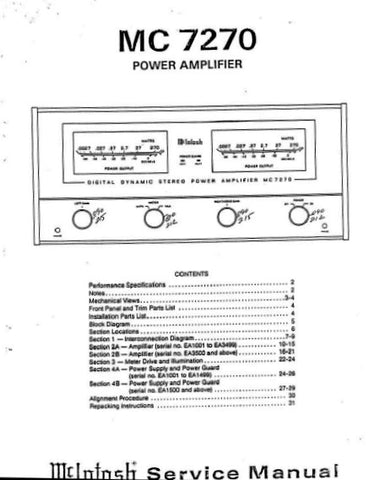 McINTOSH MC7270 DIGITAL DYNAMIC STEREO POWER AMPLIFIER SERVICE MANUAL INC BLK DIAG PCBS SCHEM DIAGS AND PARTS LIST 31 PAGES ENG