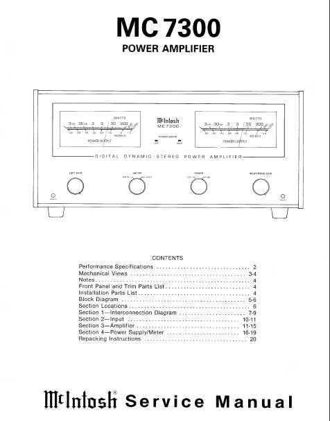 McINTOSH MC7300 DIGITAL DYNAMIC STEREO POWER AMPLIFIER SERVICE MANUAL INC BLK DIAG PCBS SCHEM DIAGS AND PARTS LIST 22 PAGES ENG