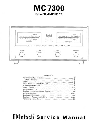 McINTOSH MC7300 DIGITAL DYNAMIC STEREO POWER AMPLIFIER SERVICE MANUAL INC BLK DIAG PCBS SCHEM DIAGS AND PARTS LIST 22 PAGES ENG
