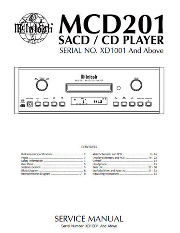 McINTOSH MCD201 SACD CD PLAYER SERVICE MANUAL INC BLK DIAG PCBS SCHEM DIAGS AND PARTS LIST 28 PAGES ENG