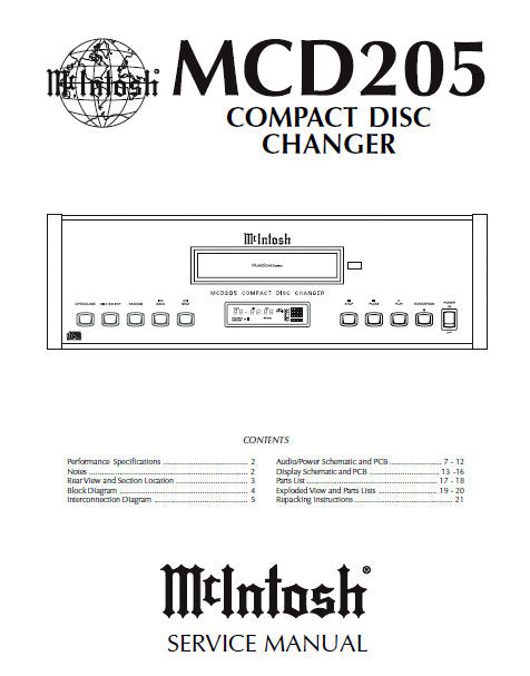 McINTOSH MCD205 CD CHANGER SERVICE MANUAL INC BLK DIAG PCBS SCHEM DIAGS AND PARTS LIST 22 PAGES ENG
