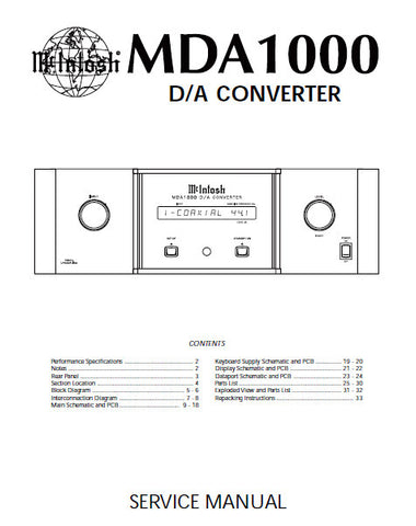 McINTOSH MDA1000 D A CONVERTER SERVICE MANUAL INC BLK DIAG PCBS SCHEM DIAGS AND PARTS LIST 34 PAGES ENG