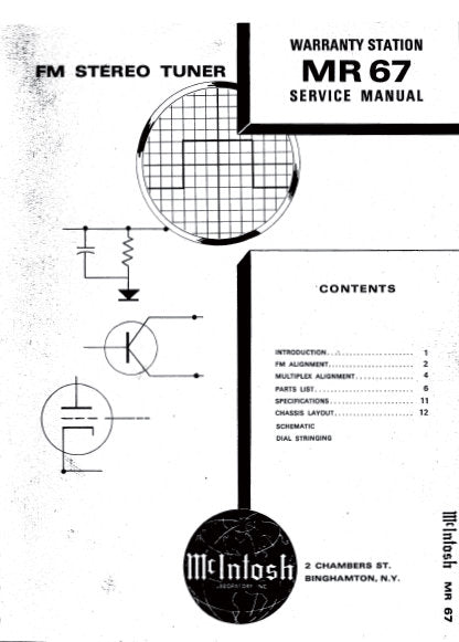 McINTOSH MR-67 FM STEREO TUNER SERVICE MANUAL INC SCHEM DIAG AND PARTS LIST 18 PAGES ENG