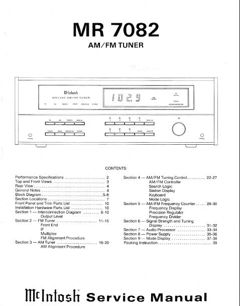 McINTOSH MR7082 AM FM TUNER SERVICE MANUAL INC BLK DIAG PCBS SCHEM DIAGS AND PARTS LIST 39 PAGES ENG