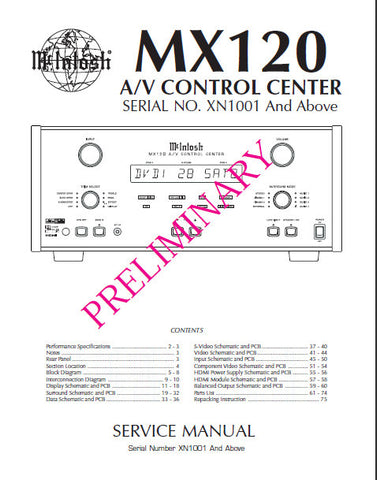 McINTOSH MX120 AV CONTROL CENTER SERVICE MANUAL INC BLK DIAG PCBS SCHEM DIAGS AND PARTS LIST 50 PAGES ENG