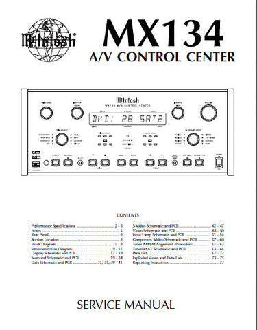 McINTOSH MX134 AV CONTROL CENTER SERVICE MANUAL INC BLK DIAG PCBS SCHEM DIAGS AND PARTS LIST 78 PAGES ENG