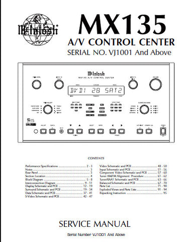 McINTOSH MX135 AV CONTROL CENTER SERVICE MANUAL INC BLK DIAG PCBS SCHEM DIAGS AND PARTS LIST 95 PAGES ENG