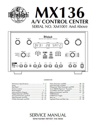 McINTOSH MX136 AV CONTROL CENTER SERVICE MANUAL INC BLK DIAG PCBS SCHEM DIAGS AND PARTS LIST 96 PAGES ENG
