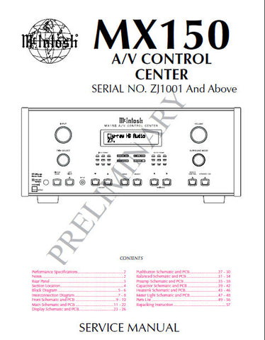 McINTOSH MX150 AV CONTROL CENTER SERVICE MANUAL INC BLK DIAG PCBS SCHEM DIAGS AND PARTS LIST 290 PAGES ENG