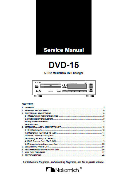 NAKAMICHI DVD-15 5 DISC MUSICBANK DVD CHANGER SERVICE MANUAL INC SCHEM DIAGS AND PARTS LIST 62 PAGES ENG