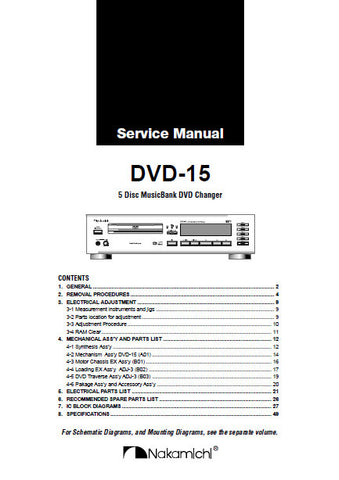 NAKAMICHI DVD-15 5 DISC MUSICBANK DVD CHANGER SERVICE MANUAL INC SCHEM DIAGS AND PARTS LIST 62 PAGES ENG