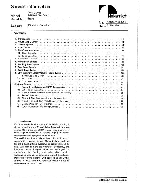 NAKAMICHI OMS-1 OMS-1A OMS-1E CD PLAYER SERVICE INFORMATION INC BLK DIAG AND SCHEM DIAGS 36 PAGES ENG