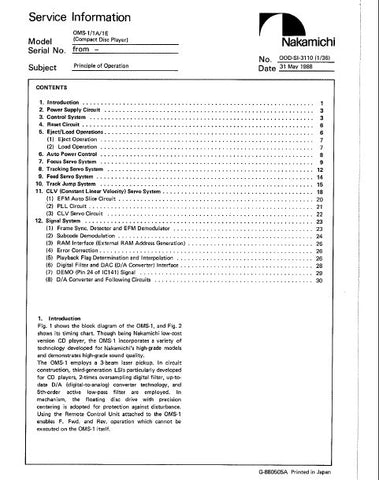 NAKAMICHI OMS-1 OMS-1A OMS-1E CD PLAYER SERVICE INFORMATION INC BLK DIAG AND SCHEM DIAGS 36 PAGES ENG