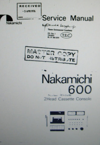 NAKAMICHI 600 2 HEAD STEREO CASSETTE CONSOLE SERVICE MANUAL INC TRSHOOT GUIDE BLK DIAGS WIRING DIAG SCHEMS PCBS AND PARTS LIST 56 PAGES ENG