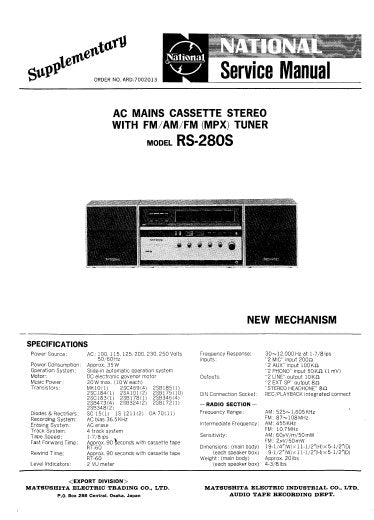 NATIONAL RS-280S CASSETTE STEREO WITH FM AM FM MPX TUNER SERVICE MANUAL INC PCBS SCHEM DIAGS AND PARTS LIST 35 PAGES ENG