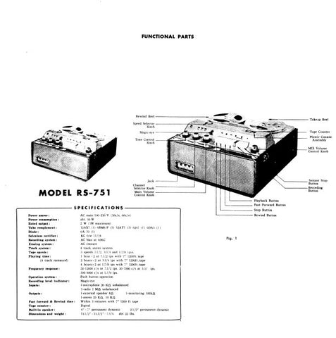 NATIONAL RS-751 4 TRACK STEREO REEL TO REEL TAPE RECORDER SERVICE MANUAL INC BLK DIAG SCHEM DIAG AND PARTS LIST 10 PAGES ENG