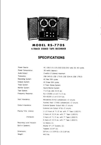 NATIONAL RS-770S 4 TRACK STEREO REEL TO REEL TAPE RECORDER SERVICE MANUAL INC BLK DIAG PCBS SCHEM DIAG AND PARTS LIST 16 PAGES ENG