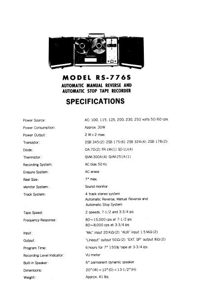 NATIONAL RS-776S 4 TRACK STEREO REEL TO REEL TAPE RECORDER SERVICE MANUAL INC PCBS SCHEM DIAG AND PARTS LIST 22 PAGES ENG