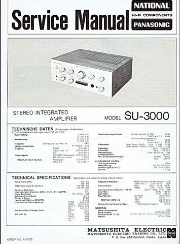 NATIONAL SU-3000 STEREO INTEGRATED AMPLIFIER SERVICE MANUAL INC PCBS SCHEM DIAG AND PARTS LIST 10 PAGES ENG