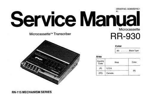 NATIONAL RR-930 MICROCASSETTE TRANSCRIBER SERVICE MANUAL INC SCHEM DIAG PCB'S AND PARTS LIST 15 PAGES ENG